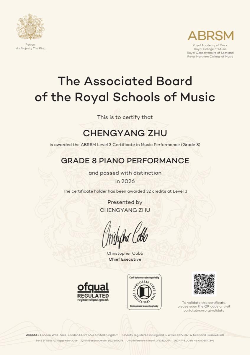 Grade 8 Piano Performance — Distinction, ABRSM